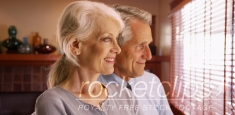 Closeup of happy senior couple looking out the window