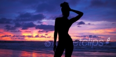 Single silhouette of sensual woman standing on sunset beach in Hawaii