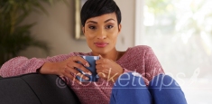 Woman talking to camera displaying cell phone with screen for custom content